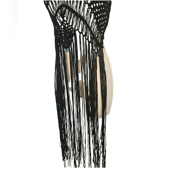 Crochet Swim Cover Up Black Open Back Fringe Boho Crop Top - Picture 4 of 16